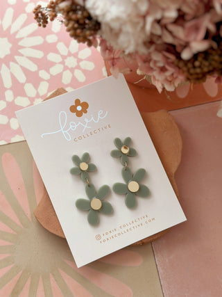 Double Daisy Dangles | Sage + Gold | WHOLESALE