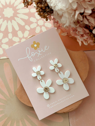 Double Daisy Dangles | Matte White + Gold Sparkle | WHOLESALE